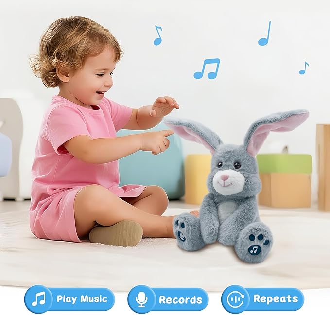 YH YUHUNG Interactive Talking Bunny Plush – Two Modes: Record (10s) & Repeat Talk-Back, 10 Songs, Flapping Ears, Volume Up/Down, Soft Gray-Pink, 3×AA Required, Ages 3+