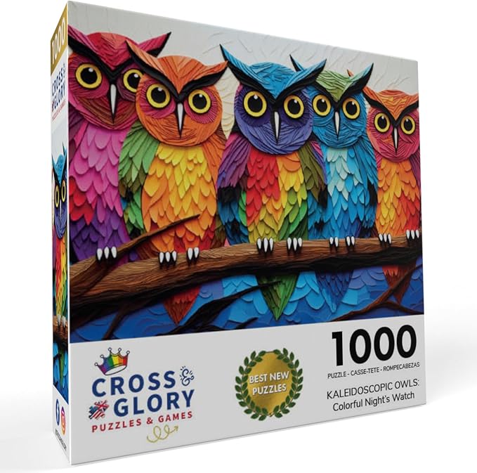 Cross & Glory - Kaleidoscopic Owls: Colorful Night's Watch - 1000 Piece Jigsaw Puzzle for Adults | Vibrant Colors | Satin Finish