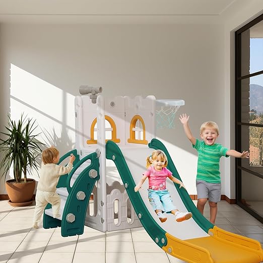 6 in 1 Toddler Slide,Kids Climber Slider for Indoor Outdoor Playground with Basketball Hoop,Storage and Telescope,L Shaped Slide for Toddler Climber Playset