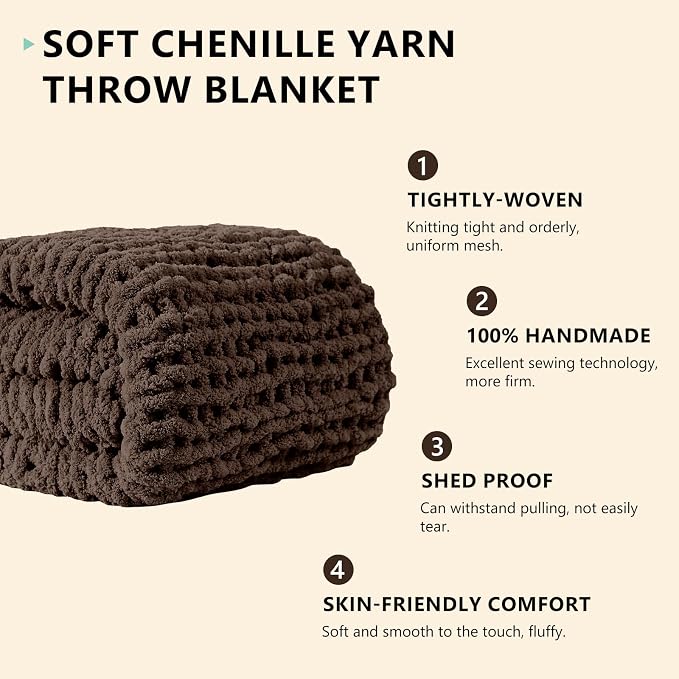 L'AGRATY Chunky Knit Throw Blanket for Couch, 50 x 60 Inches, Cocoa Brown | Handmade Chenille Crochet Blanket for Sofa Bed, Thick Cable Knitted Blankets for Room Home Decor, Birthday Gift for Women Mom