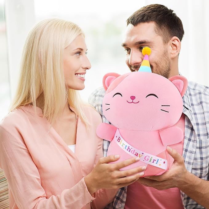 Achwishap Cat Stuffed Animal,Birthday Girls Cat Plush,14” Cats Plush Toys,Cute Plushies Birthday Gifts for Girls,Kawaii Kitten Plushie Huggging Pillow,Cuddly Animal Body Pillow for Kids Adults,Pink