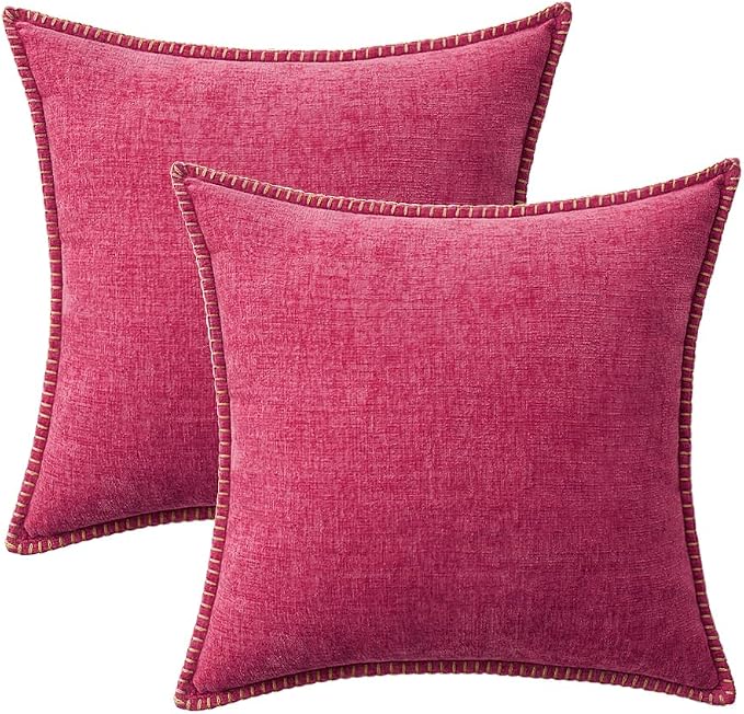 MIULEE Decorative Couch Throw Pillow Covers 20x20 Inch Hot Pink 2 Pack | Farmhouse Pillow Covers with Stitched Edge, Soft Chenille Cushion Cases, for Sofa Bed Living Room Home Decor