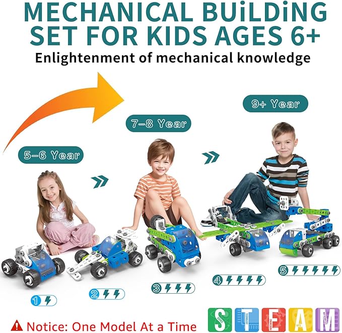 STEM Building Toys for Kids Ages 4-8, 175 Pcs Educational Construction Kit, Building Blocks Set, 18 in 1 Creative Engineering Pull Back Cars, Birthday Gift for Boys & Girls 4 5 6 7 8 9 10 Year Old