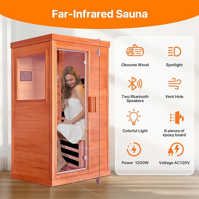 OUTEXER Far Infrared Sauna Home Sauna Spa Room Low-EMF Wood 1200W Indoor Saunas with 7 Color Light Tempered Glass Door, Room:35.2 * 27.6 * 61.6Inch