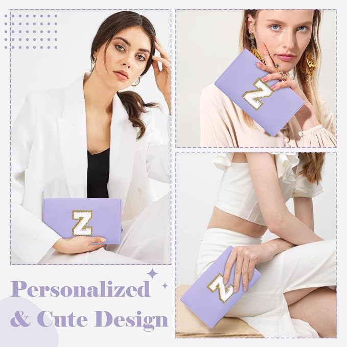 Personalized Makeup Bag Initial A-Z Preppy Patch Bag,Small PU Leather Travel Cosmetic Bag Pouch with Zipper,Purple Cute Toiletry Bag,Gift Ideal for Teen Girls Women Birthday Friend Mom,Latter Z