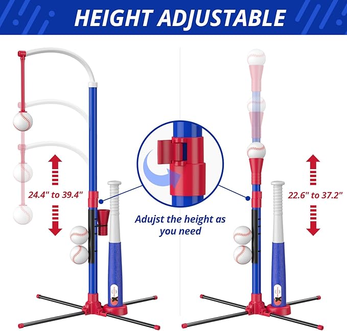 HYES 3-in-1 Baseball Set for Kids 3-5 - Tee Ball Stand, Hanging Tee, Ball Launcher and 6 Softballs - Adjustable Height, Indoor/Outdoor Sport Gifts for Boys Girls, Blue