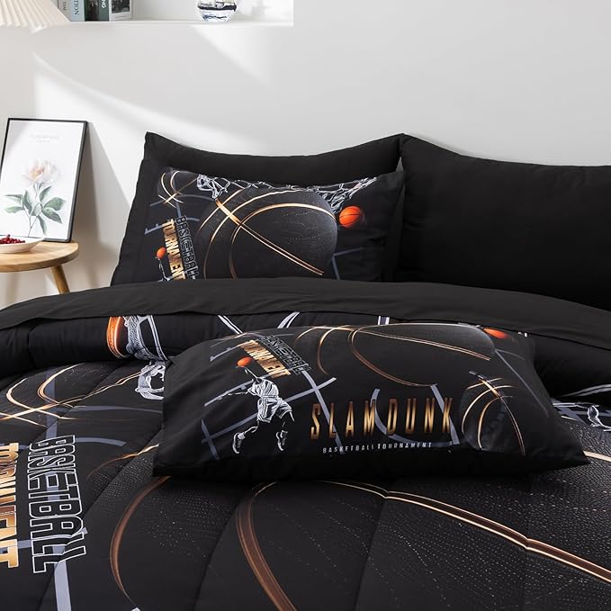 A Nice Night Basketball Court Printed Comforter Sets,with Sportsman Slam Dunk Printing 6Pcs Bedding Set in a Bag for Teen Boys,Twin