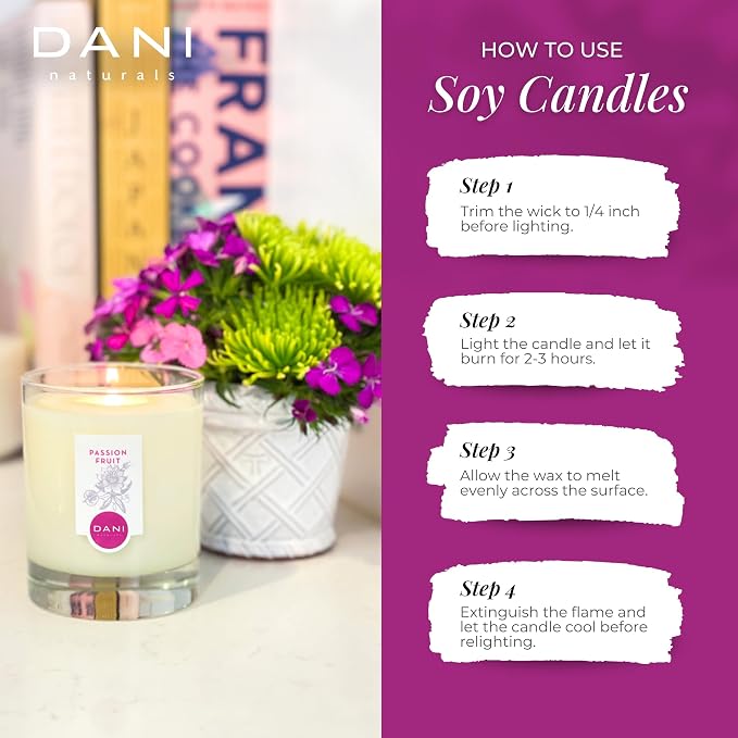 DANI Naturals Passion Fruit 100% Soy Wax Candle, Non-Toxic, 7.5oz | Vegan,soy wax candle,Clean-burning with organic cotton wick,Bright tropical passion fruit scent,Made in USA
