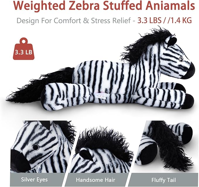 Niuniu Daddy 20" | 3.3 Pound Zebra Weighted Stuffed Animals for Kids Adults, Soft Zebra Weighted Beads for Stuffed Animals for Hugging, Cute Plush Toy for Gift Birthday Christmas Holiday Easter