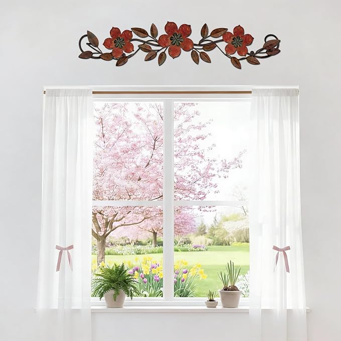 Wesiti Metal Flower Wall Decor Vintage Metal Flower Wrought Iron Scroll Sculpture 15.7''x3.7'' Not 3D, Flat Farmhouse Leaf Wall Decor with Nails for Summer Bedroom Kitchen Indoor Outdoor(Red)