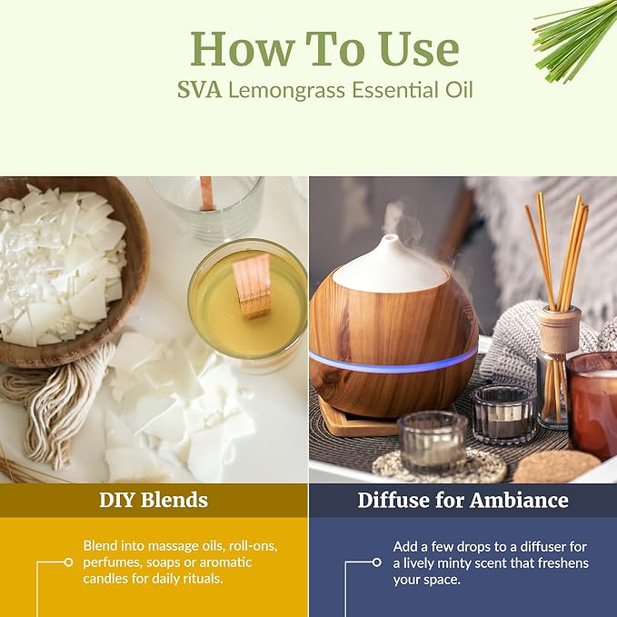 SVA Lemongrass Essential Oil 4 Fl Oz – for Diffuser, Skin & Hair Care – Ideal for Massage & DIY Blends - with Dropper