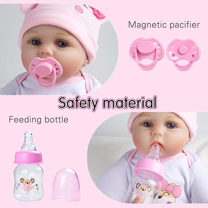 Reborn Baby Dolls Clothes Pink Bear Outfit Accessories 12 Pcs Set for 17-22 Inch Reborn Dolls Newborn Baby Girl with Strawberry Backpack&Feeding Set