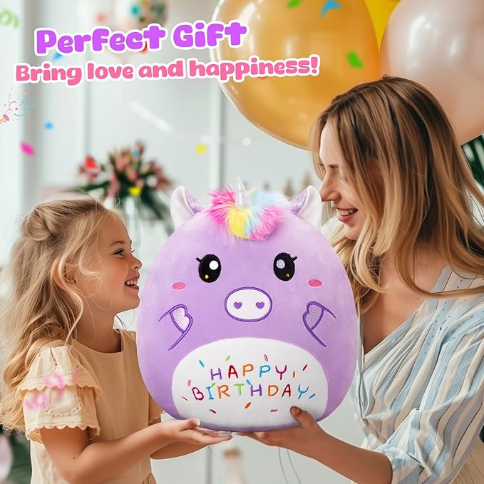 12” Birthday Unicorn Plush Pillow,Cute Unicorn Stuffed Animal,Soft Plushies Pillow,Happy Birthday Plush Toy Gifts for Kids Toddlers Girls Boys Room Decor (Purple)