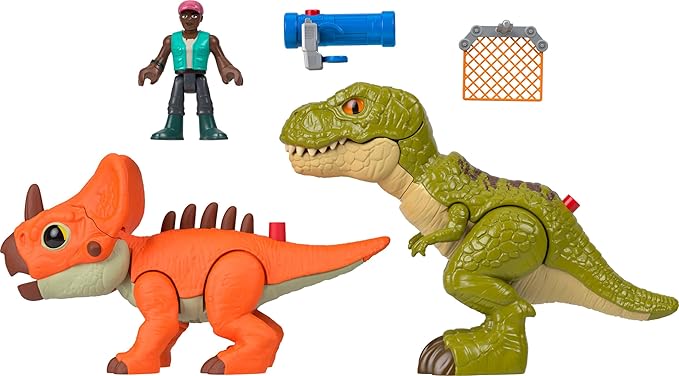 Fisher-Price Imaginext Jurassic World Rebirth Playset, T. tex Toy Gift Pack with 3-inch Human Action Figure, 2 Dinosaurs & Accessories