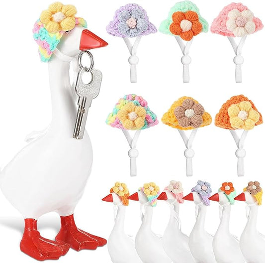 Geyoga 6 Pcs Mini Knitted Hats 7 Inch Goose Outfits Hat with Adjustable Strap Mini Porch Goose Headwear for Statue Key Holder