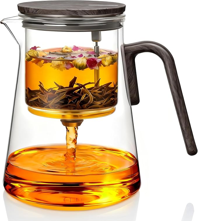 ZENS Magnetic Tea Pot, Large Enchanted Glass Teapot with Infuser and Magnetic Suction Lid for Mess-Free Loose Tea Diffusers, Black Walnut Pattern Handle, Tea Lovers Gifts