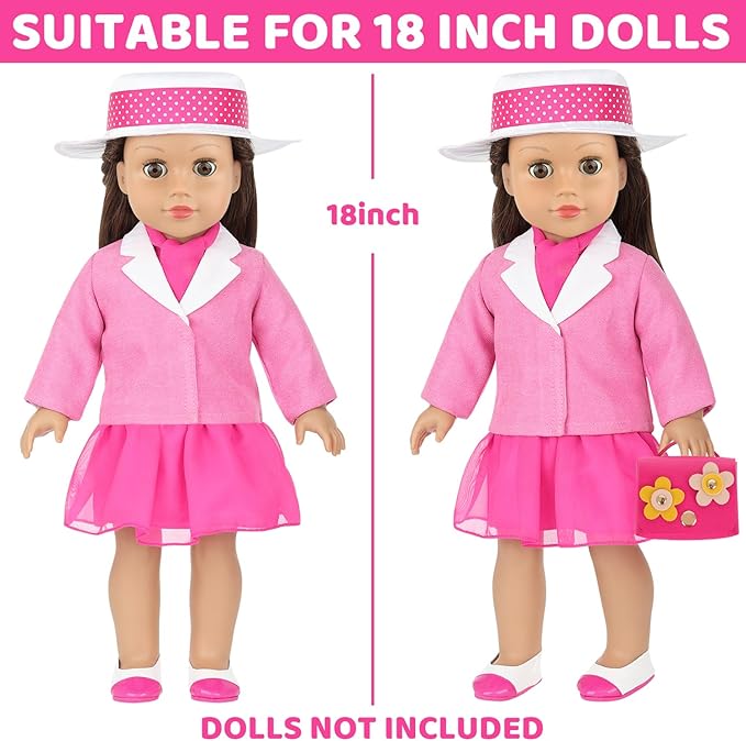 18 Inch Doll Clothes 8-Piece Stylish Pink Outfit Accessories Sets for American 18 Inch Dolls Outfits Trendy Clothes Red Flower Handbag Stuff Accessories for Dress-Up Play (Doll NOT Included)