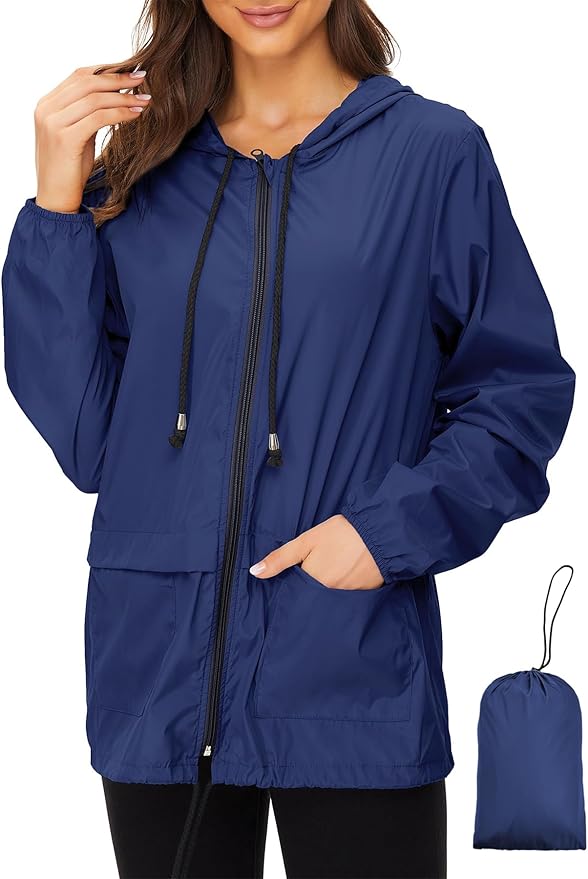 Zando Lightweight Rain Jacket Women Packable Waterproof Raincoat with Hood | Windbreaker Jacket Women, Light Raincoats for Drizzle, Rain Coats for Travel, Hiking and Commute