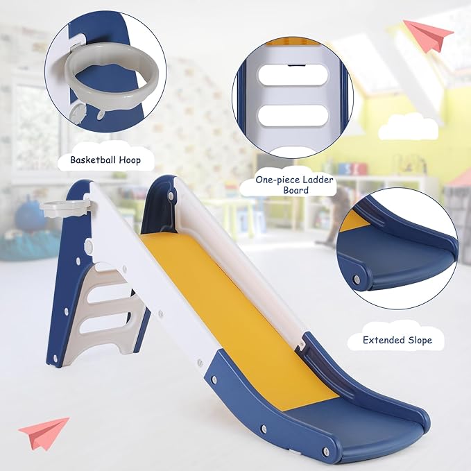 Arlopu Freestanding Kids Slide, Toddler Slide Climber with Basketball Hoop & Ball, Baby Playset w/Long Slope, for Boys and Girls Birthday, Sturdy Playground Toy for Indoor Outdoor Age 3+ (Dark Blue)