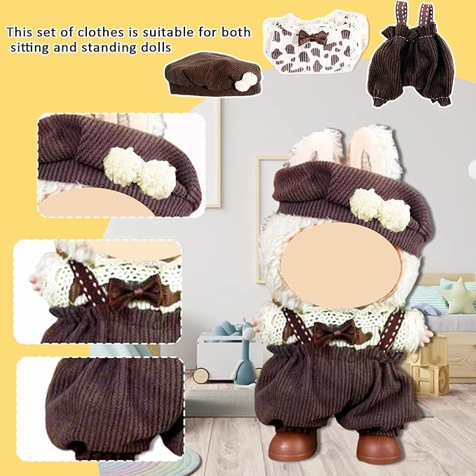 Doll Clothes for Labubu,Cute Outfit for 17cm Doll Clothe 2/3PCS Clothes and Hats Stylish Dolls Clothe for 17 cm Labubu,Casual Style Costumes for Labubu Dolls (Brown hat Set)