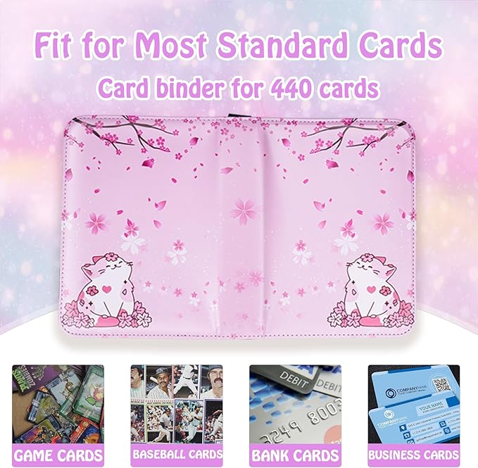 CLOKORIA Card Binder for Girls Gifts,440 Cards Collectible Trading Card Holder Case with 55 Sleeves, 4 Pocket for TCG Game Cards Collection Sports Trading Cards Collector Album (Sakura cat)