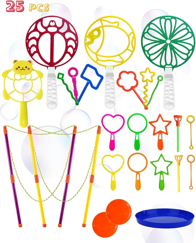 Big Bubble Wands Set, Big Bubbles Wand Toy Sets with Tray Bulk Funny Large Bubble Making Toys for Kids Adult Summer Outdoor Playtime Activity Party Favors Gifts Birthday Games, 25Pcs