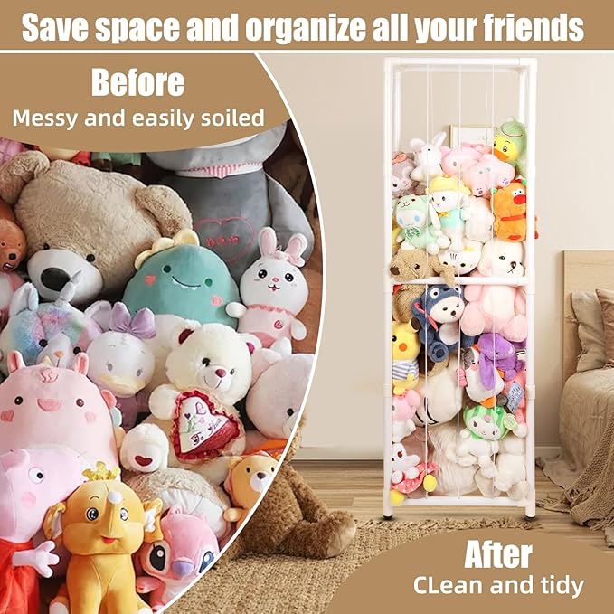 Stuffed Animal Storage Zoo Stuffed Animal Holder,Off-Ground and Space Save Vertical Stuffed Animals Organizer PVC with Elastic for Bedroom Playroom Nursery (White, Large)