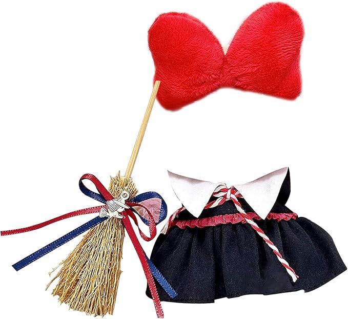 Witch Broom Set for Labubu, Halloween Witch Dress with Bow Hair Clip and Broomstick for Labubu Clothes, Cute Comic Style Costume