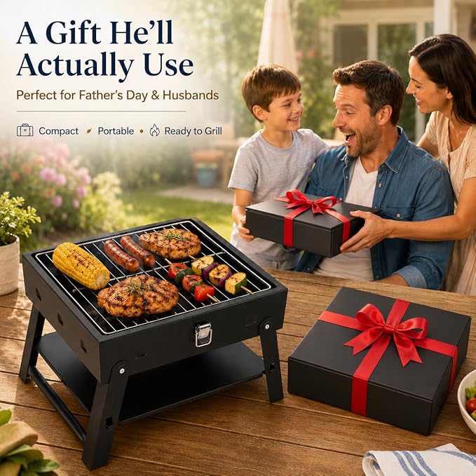 Small Portable BBQ Charcoal Grill: Mini Foldable Table Top Barbecue Grills | for Outdoor Cooking, Camping, Beach, Travel, Tailgates, Fathers Day Birthday Grilling Gift for Men Dad Husband