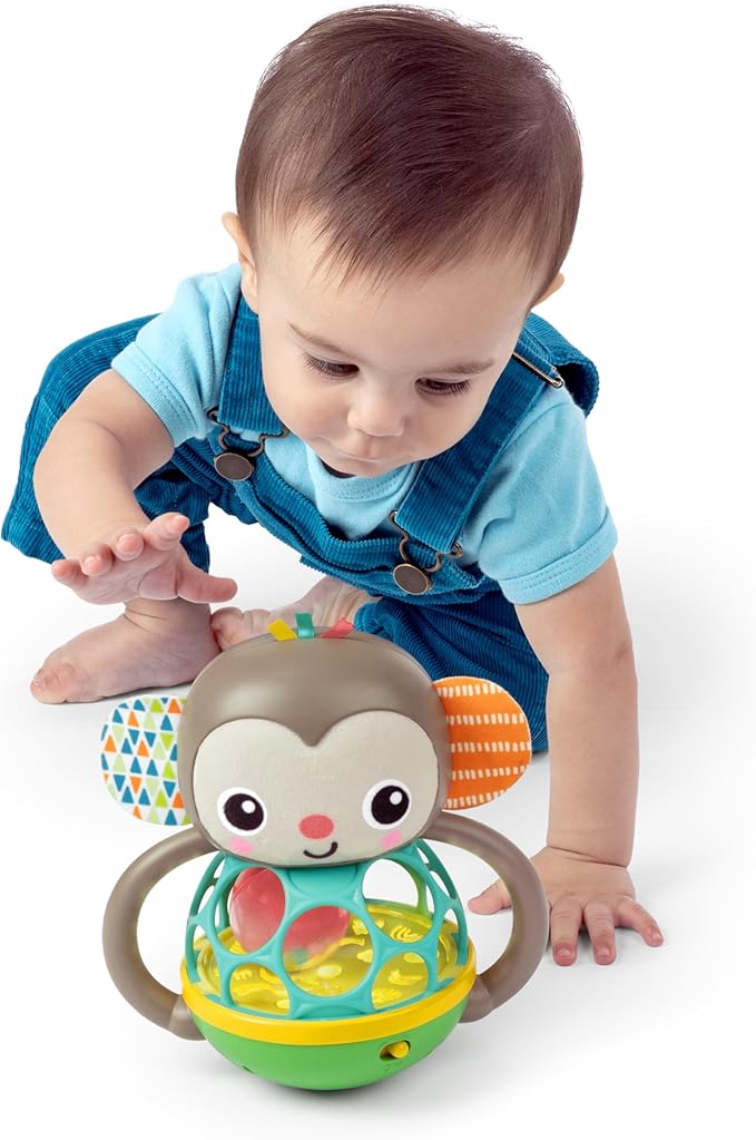 Bright Starts Grab & Giggle Monkey Light-Up Musical Rattle Toy with Easy-Grasp Oball, Ages 6 Months+, Unisex