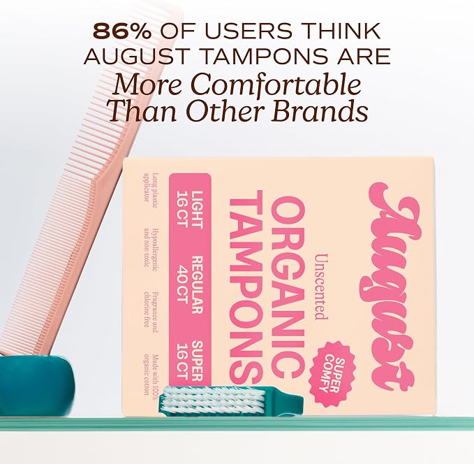 August Organic Tampons - Easy-Glide Long Applicators - Light, Regular, & Super - 72-Pack 100% Organic Cotton Tampons for Women, Non-Toxic, Fragrance-Free, and Hypoallergenic