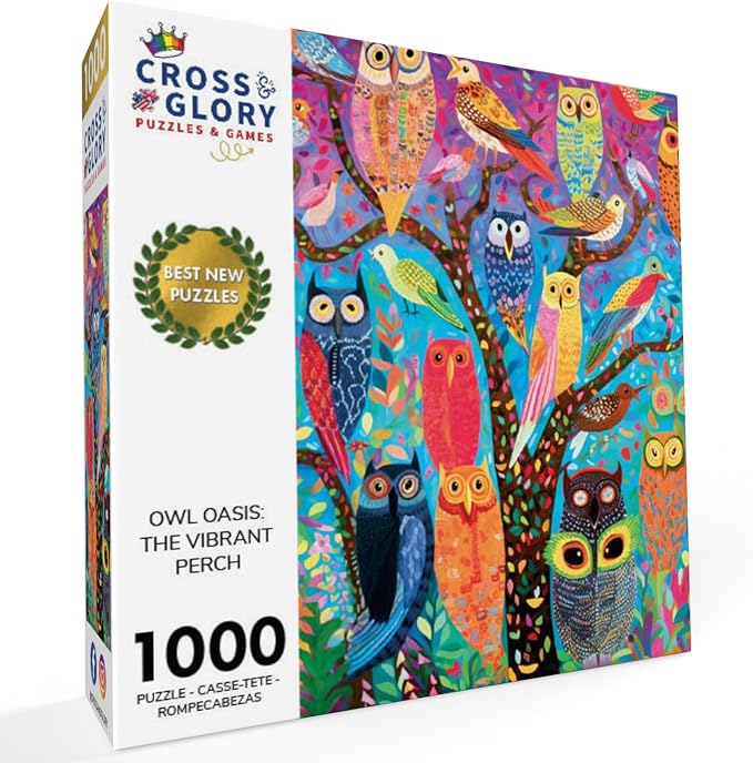 Cross & Glory - Owl Oasis: The Vibrant Perch - 1000 Piece Jigsaw Puzzle for Adults | Whimsical Owl & Garden Collage | Satin Finish