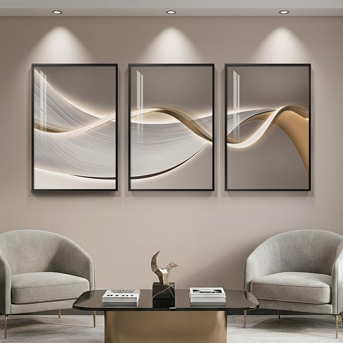 Large Framed Modern Luxury Abstract Wall Art for Living Room, 3 Piece Contemporary Elegant Bright Prints Paintings, Minimalist Grey Gold Line Pictures for Bedroom, Entryway, Office Wall Decor 24x36 In