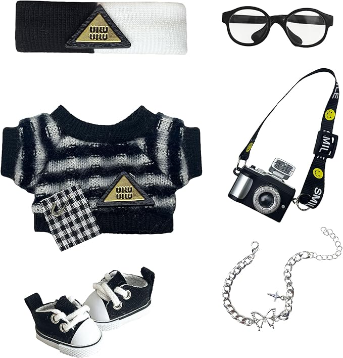 17cm Doll Clothes 6 PCs Accessories Outfits Black Shoes Sweater Glasses Hairband Camera Necklace Clothing Set for Keychain,No Doll(Black)