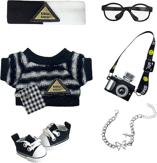 17cm Doll Clothes 6 PCs Accessories Outfits Black Shoes Sweater Glasses Hairband Camera Necklace Clothing Set for Keychain,No Doll(Black)