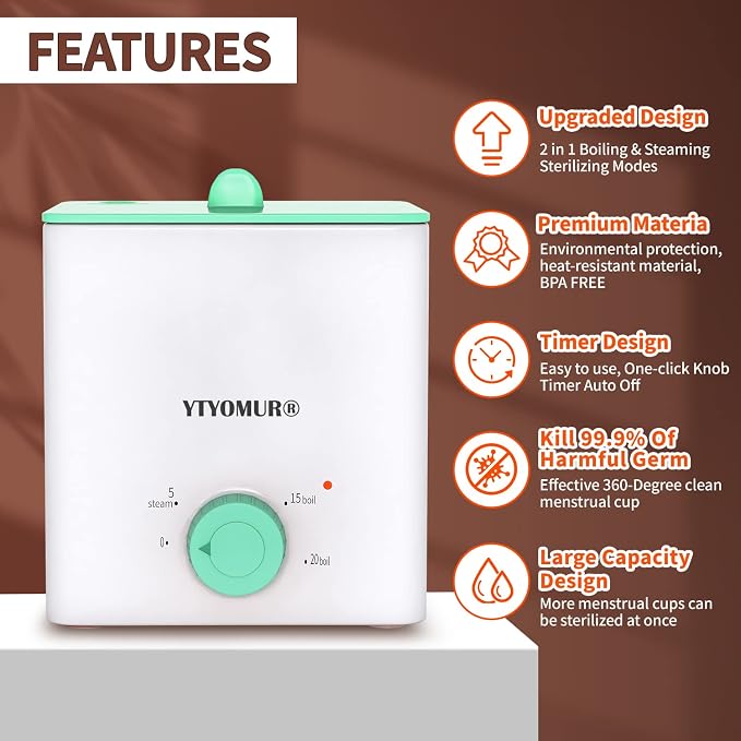 Upgraded Menstrual Cups Sterilizer Menstrual Disc Steamer, 2 in 1 Boiling & Steaming Modes, One-Click Knob Timer Auto Off, with 1 Cleaning Brush & 1 Heat Resistant Clip(Green)