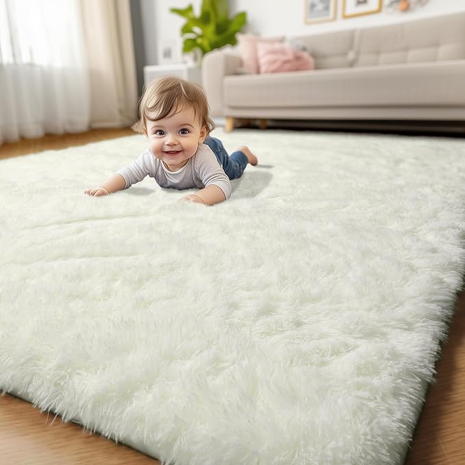 Amdrebio Cream Ivory White Shag Area Rug 5x8 for Bedroom Living Room Dorm | Plush Fuzzy Fluffy Shaggy Furry Kids Carpet, Nursery Playroom Classroom Preppy Home Decor, Neutral Aesthetic, Baby Corner