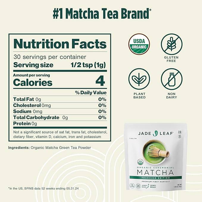 Jade Leaf Matcha Organic Ceremonial Grade Teahouse Edition Matcha Powder - 100% Pure Japanese Premium First Harvest Green Tea for Ceremonies, Usucha, Lattes 30g / 1.06 Oz Pouch (Pack of 1)