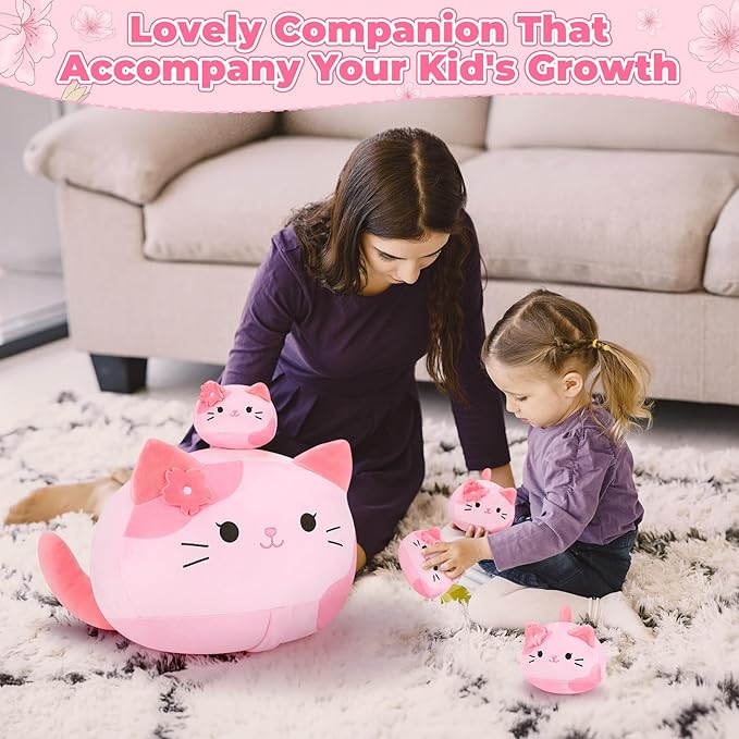 5 PCS Pink Sakura Cat Plush Stuffed Animal Family-19" Soft Pink Sakura Cat Plush, Large Mommy Plushies with 4 Baby Kittens Plushies, Kawaii Plush Toy Christmas Birthday Gifts for Kids Boys Girls