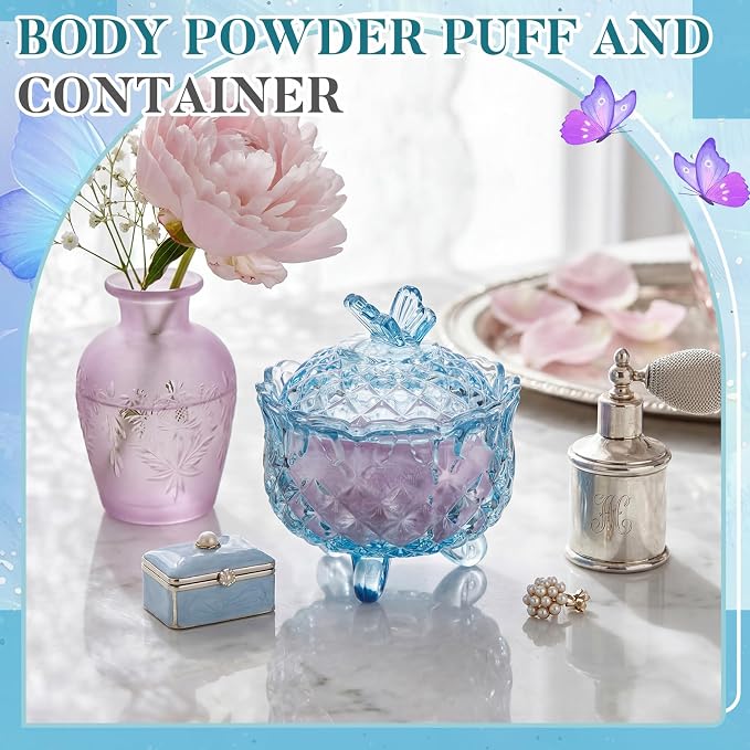 Tioncy 3 Pcs Large Body Powder Puff and Container Valentine's Day gift Powder Container with Puff Crystal Case Soft Washable Reusable Velour Face Body Glitter Wet Dry Makeup(Butterfly,Blue)