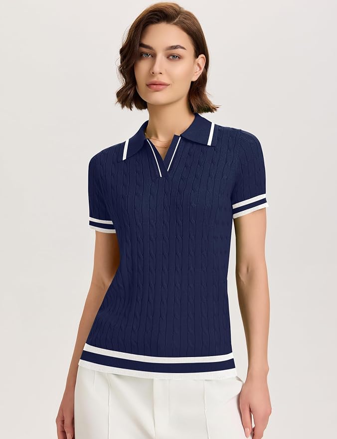 Micoson Womens Short Sleeve Sweater Tops Lapel V Neck Polo Shirts 2026 | Summer Cable Knit Loose Blouses, Business Casual Outfits