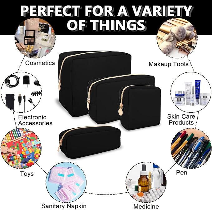UIXIZQ Waterproof Small Makeup Pouch for Purse,Nylon Travel Toiletry Storage Pouch Cute Preppy Cosmetic Bag for Women Girl,Waterproof Makeup Organizer Skincare Bag Purse with Zipper(Small-Black)