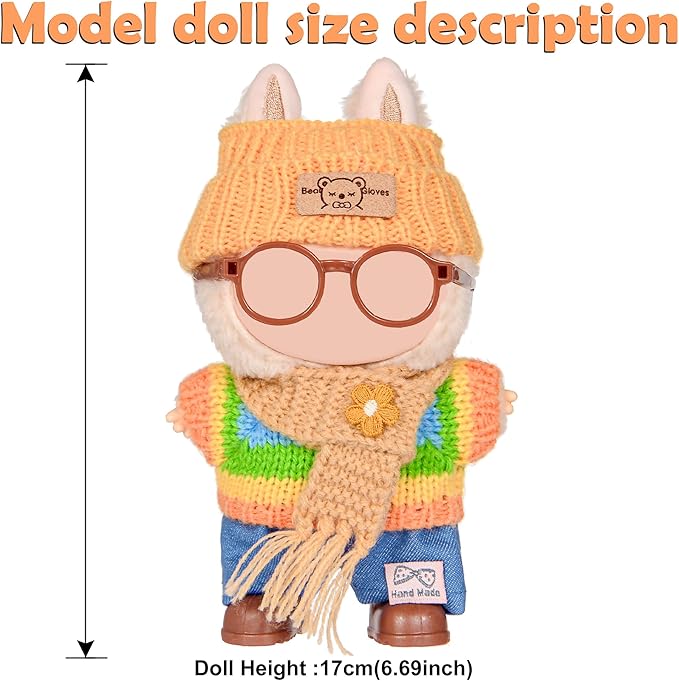 Knit 17cm Doll Clothes Accessories Set Include: 1 Hat, 1 Sweater, 1 Pants, 1 Scarf, 1 Glasses and 1 Shoes for Dress up Your Dolls (Doll Not Included), Knit #1