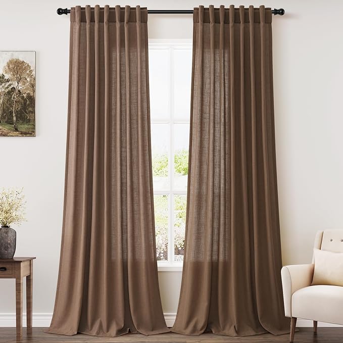 Caramel Brown Linen Curtains 90 Inch Length 2 Panels Set for Living Room Back Tab Rod Pocket Window Drapes Light Filtering Modern Farmhouse Curtain 90 Inches Long for Dining Room Nursery 52x90