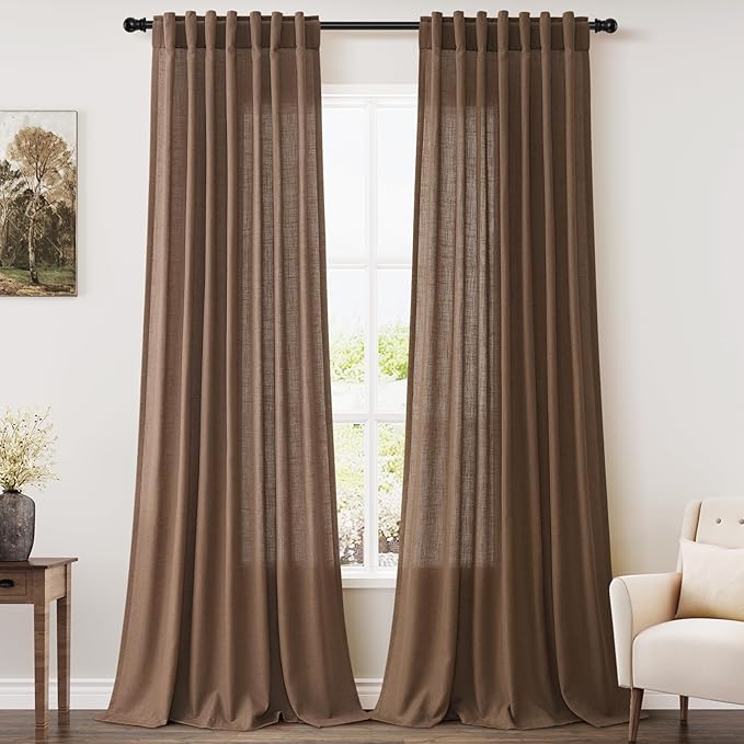 Nanspring Caramel Brown Curtains 100 Inches Long 2 Panels Set Back Tab Linen Extra Long Drapes for Living Room Modern Farmhouse Light Filtering Semi Sheer Linen Curtain for Big Window 52x100