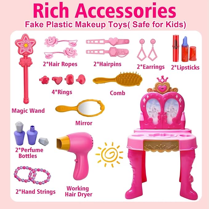 Toddler Vanity Magic Makeup Set Table and Chair Girl Toy Automatically Mirror with Music Light Pink Toys for 2 3 4 5 Year Old Girls Hair Salon Pretend Play Princess Dress Up Playset Gift Toddler 1-3