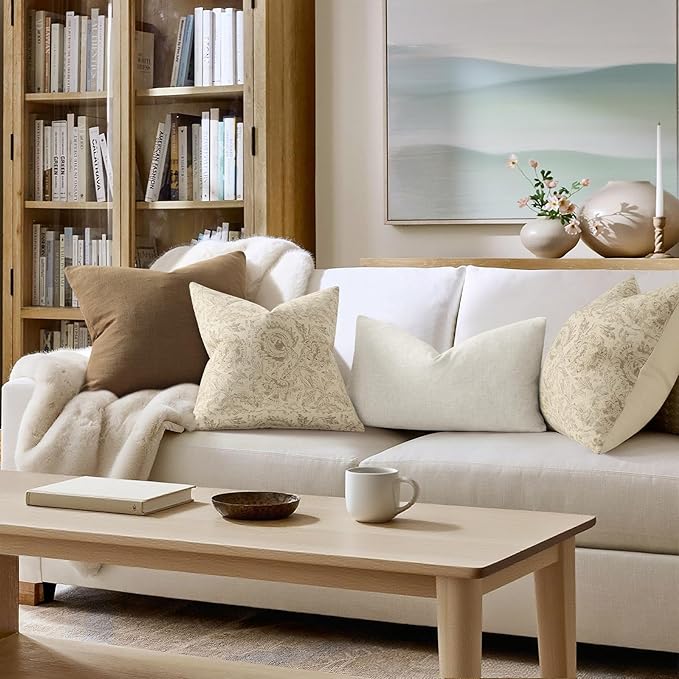 Vintage Floral Print Throw Pillow Covers 22x22 Set of 2 Neutral Modern Farmhouse Pillowcases Accent Decorative Cushion Covers Boho Home Decor for Couch Sofa Chair Bed Living Room, Natural Beige