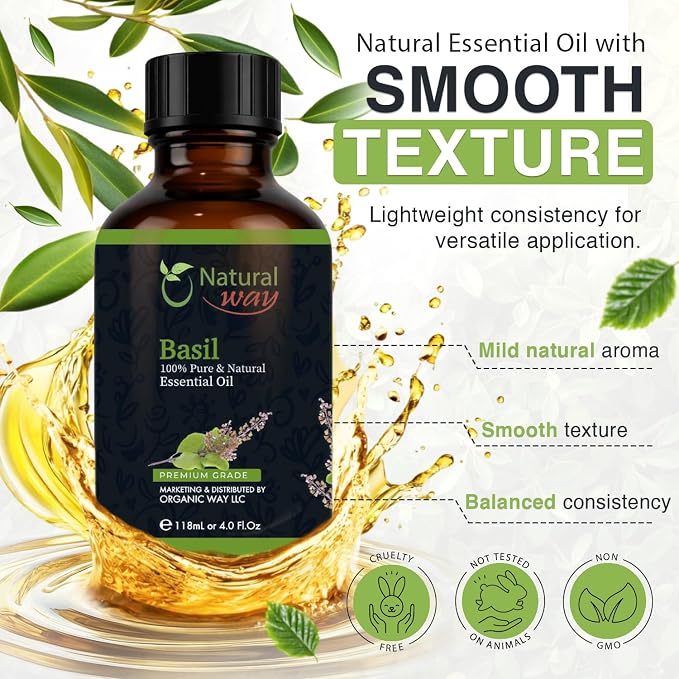 Basil Essential Oil for Diffusers | Natural Aroma Oil for Home Fragrance, Humidifier & DIY Candle Making, Long Lasting Scent for Office, Bedroom & Soothing Scent 4 Fl Oz (120 mL)