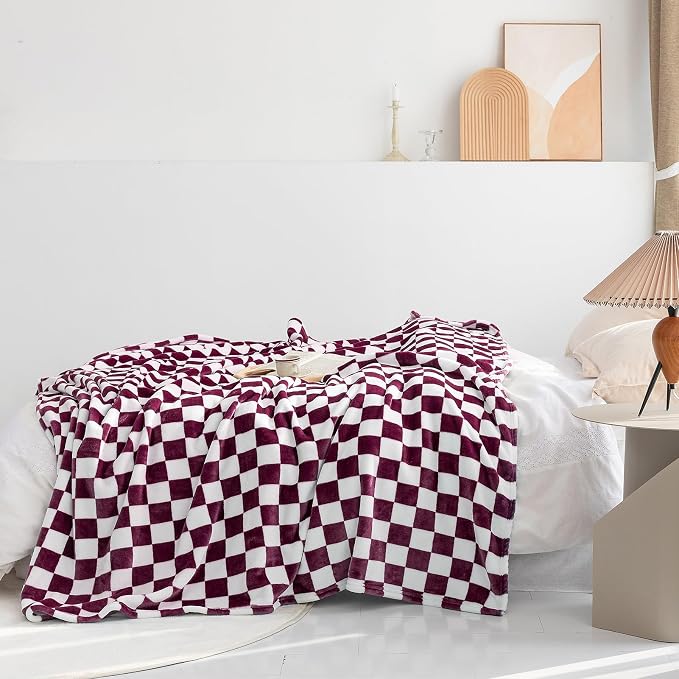 LOMAO Throw Blankets Flannel Blanket with Checkerboard Grid Pattern Soft Throw Blanket for Couch, Bed, Sofa Luxurious Warm and Cozy for All Seasons (Burgundy, 40"x60")