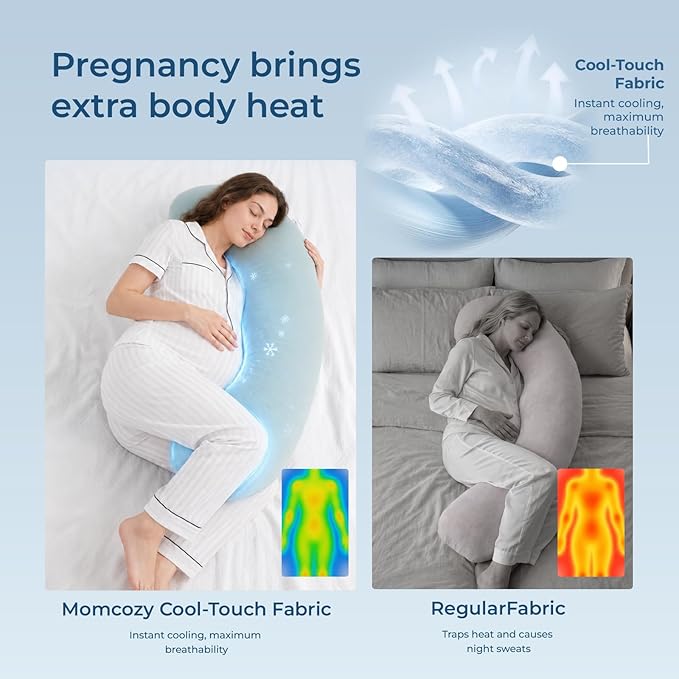 Momcozy Pregnancy Pillows with Cooling Cover, J Shaped Maternity Body Pillow for Pregnancy, Breathable & Stretchy Cooling Fabric, Full Body Support for Head, Neck, Belly, HIPS, Mist Blue